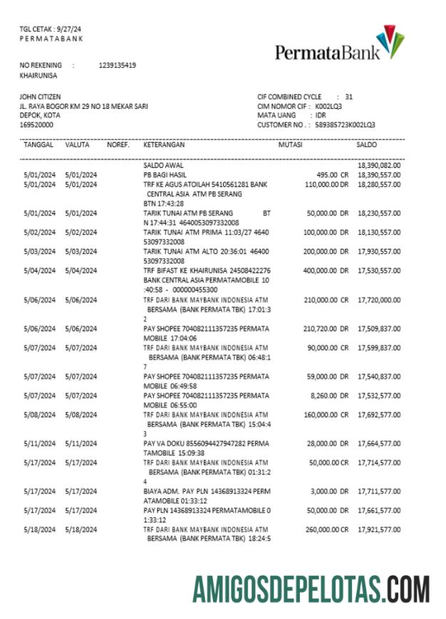 Modelo de exemplo de Word e PDF de declaração do Permatabank da Indonésia